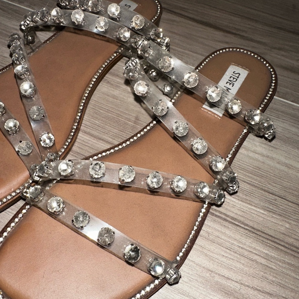 Steve Madden Tan Footbed Sandals with Clear Crystal-Strap Embellishments - Picture 4 of 4